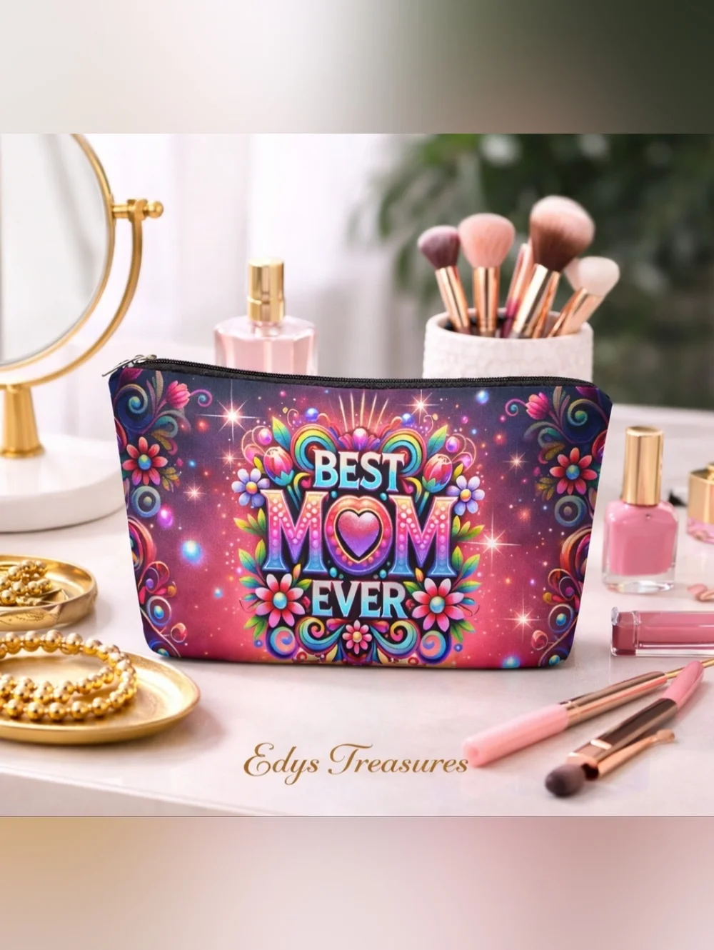 Best Mom Ever Colorful Floral Cosmetic Makeup Bag New